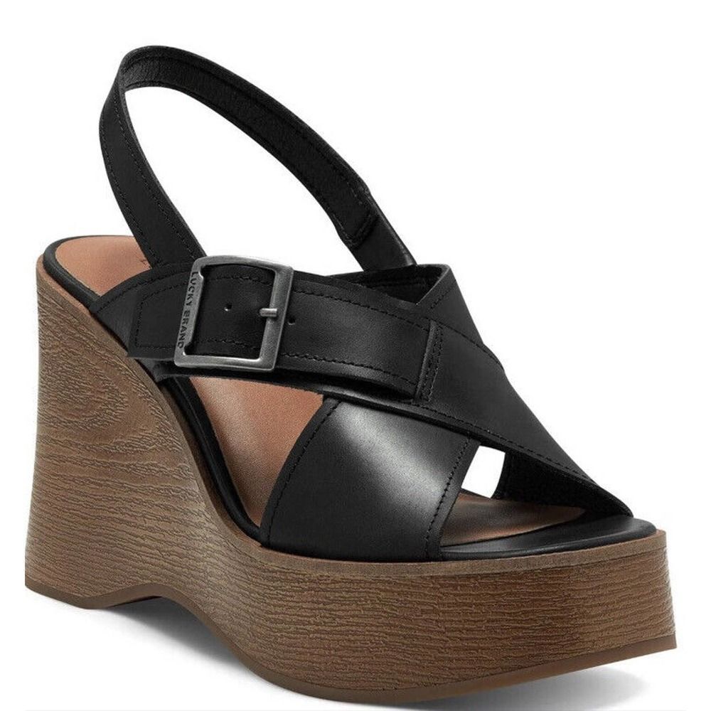 LUCKY BRAND Delaynee Platform Wedge Slingback Black Sandal, Leather Size 9.5